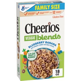 Cheerios Veggie Blends Breakfast Cereal, Blueberry Banana Flavored, Made With Fruits and Veggies, Family Size, 18 oz
