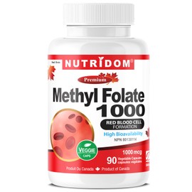 Nutridom Methyl Folate 1000 mcg, 5-MTHF, Methylated Folate Supplement, Non-GMO, Vegan Freindly, Gluten Free, Soy Free, Dairy Free, 90 Veggie Capsules