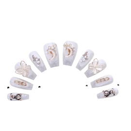 PN-009 Press-On Nails Lacquered 10 Pieces Reusable False Nails Glamour Rhinestones Wedding Pearls Butterfly Moon White