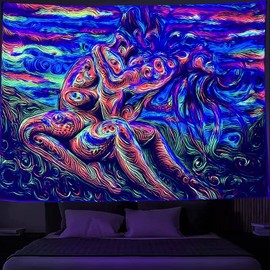 SparkLia Blacklight Lover Tapestry, Colorful Abstract Line Art of Love Kiss UV Reactive Neon Tapestries, Hippie Woman Glow in the Dark Wall Hanging Home Décor for Bedroom - 59.1" x 80"