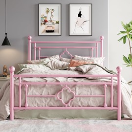 HOOMIC 14 Inch Full Size Metal Platform Bed Frame, Vintage Victorian Style, Wrought Iron Headboard and Footboard/Mattress Foundation for Storage/No Box Spring Required/Easy Assembly/Pink