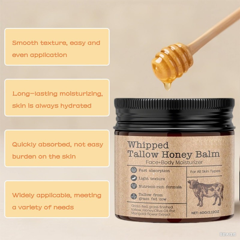 Vintage Beef Tallow Blam with Honey, Grass-Fed Beef Tallow, Honey,