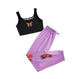 SOLY HUX Girl's 2 Piece Outfits Letter Crop Top and Pant Sets Cute Clothes Fashion Orange Butterfly A 8Y
