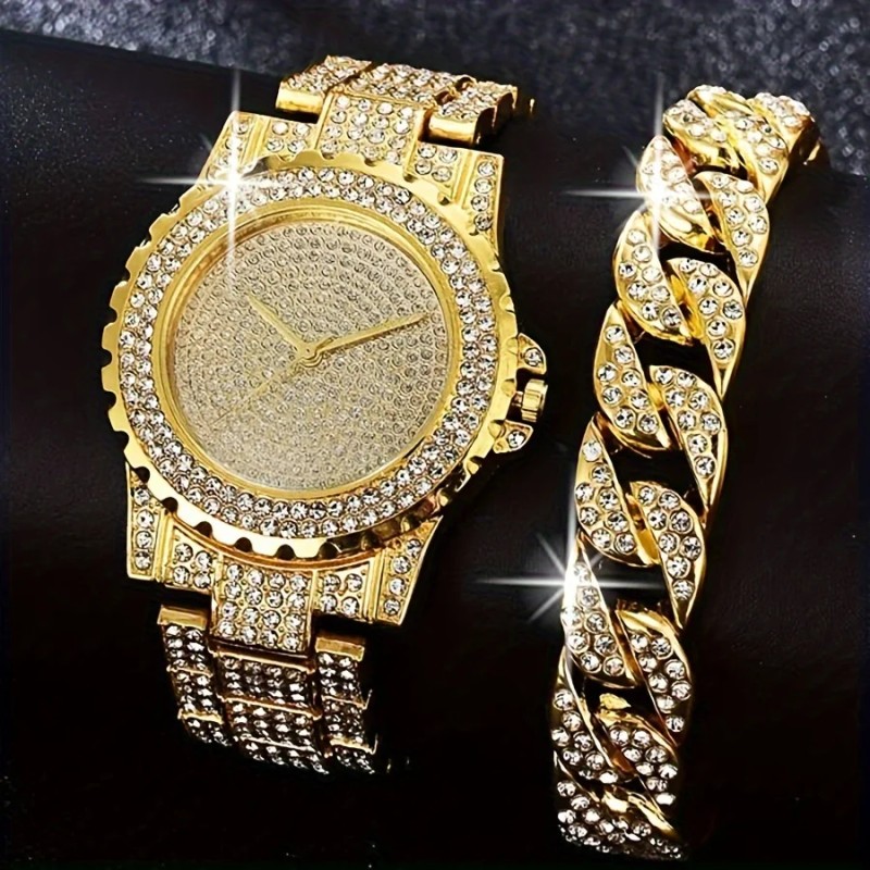 Luxury Quartz Watch with Rhinestones - Two-piece Watch and Bracelet