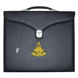 UK EMPIRE GROUP Masonic Past Master Apron File Case MM/WM Size Black Leather, Hand Embroidered Emblem | Carrying Bag