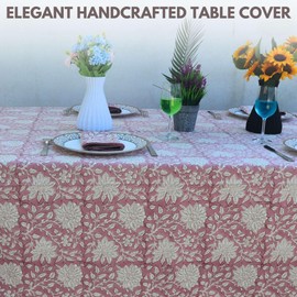 Handblock Print Cotton Tablecloth – 72x135 Rectangle Table Cover Seats 8-10 – Indian Block Printed Floral Dining Table Linen – Boho Washable Cloth for Kitchen, Party, Outdoor (Muted Pink)