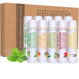 Juego de 10 bálsamo labial de Naturistick. Sabores surtidos. Ingredientes 100% naturales. Las mejores barras de cera de abeja para labios secos y agrietados. Fabricado en Estados Unidos para hombres, mujeres y niños