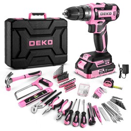 DEKOPRO Pink Drill Tool Kit Set: 20V Cordless Power Drill Tool Box with Battery Electric Drill Driver for Men Home Hand Repair Basic Toolbox Tools Sets Drills Case, DKMT186-GP
