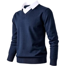 Herothorn Men's Knit Sweater Fashion Pullover Soft Touch V-Neck Sweatshirt Top with Plaid or White Mock Shirt Collar