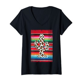 Womens vintage cactus serape leopard animal skin print pattern art V-Neck T-Shirt