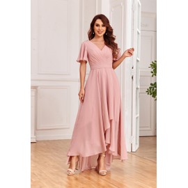 JKMMYO Dusty Blue Bridesmaid Dresses for Wedding Long Pleated Ruffles Sleeves V-Neck High Low Formal Evening Dresses Size 14