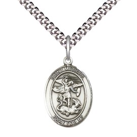 Mens Oval Sterling Silver Saint Michael the Archangel Medal Pendant on 24" Rhodium Plated Heavy Curb Brass Chain w/ Lobster Claw Clasp,Catholic Religious Necklace -Made in USA-Gift Boxed