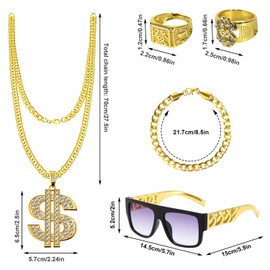 Dncvb Pack of 8 Costume, Hip Hop Costume Kit, Rapper Costume Accessories, Gold Chain Men's Gangster Gang Sunglasses, Golden Dollar Chain Ring, Hanzi Rings for 80s 90s Outfit Men's Accessory