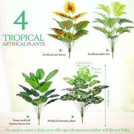 Yunlly 4 Pcs Fake Plants Artificial Plants Indoor Tall Faux Plants for Home Decor 32 Inch Tropical Artificial Palm Tree, Banana Leaves Tree, Monstera Plant, Taro Leaves for Office Outdoor(Vibrant)