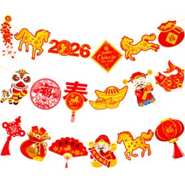 2026 Chinese New Year Banner Happy Chinese New Years Decorations 2pcs Spring Festival Party Banners Lunar New Year Cutout Banners for Red Year of Horse Party Supplies