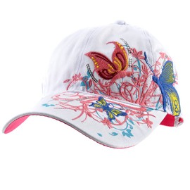 Elonmo Bling Rhinestone Hats Flower with Butterfly Design Womens Baseball Cap Golf Hat Jeans Wash Denim Adjustable (White)
