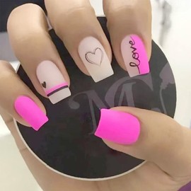 Valentine's Day Press on Nails Medium Square Matte Black Pink Heart Fake Nails Full Cover with Black Love Design Glossy Glue on Nails Artificial False Nails Stick on Nails Acrylic Nails for Women