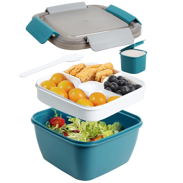 Greentainer Salad Container with 3 Compartments and Dressing Container and 1 Fork, Leak-Proof Salad Box-to-Go for Salad and Snacks, 1500 ml Lunch Box for School, Work, Picnic, Travel, Camping