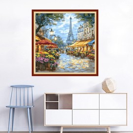 Joyhoor Cross Stitch Kits for Beginners Stamped Cross-Stitch Supplies Needlework preprint Embroidery Kits for Adults DIY Needlepoint Kits Embroidery Patterns 11CT-Street Eiffel Tower 18x18 inchs