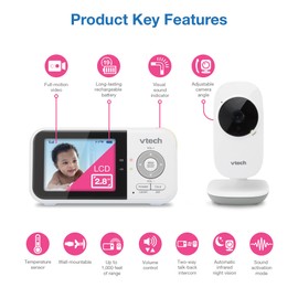 VTech VTech VM819 Video Baby Monitor, 2.8” Screen, Night Vision, 2-Way Audio, Temperature Sensor and Lullabies, Secure Transmission No WiFi