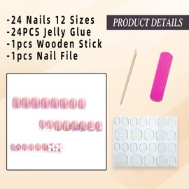 Jremg French Tip Press on Nails Short Square Fake Nails with Flower Rhinestones Glossy White Pink French Tip Acrylic False Nails Pearl Bows Full Cover Glue on Nails Stick on Nails for Women 24Pcs