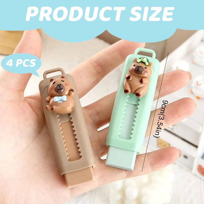 HQRKOTM 4 Pieces Capybara Retractable Eraser with 4 Pieces Eraser