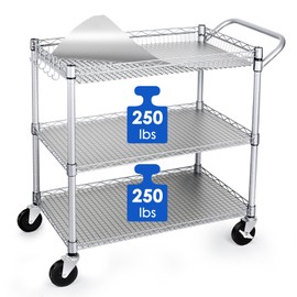 WDT Heavy Duty 3 Tier Utility Cart,Wire Rolling Carts with Wheels, Commercial Grade Service Cart with Shelving Liners and Handle Bar Metal Carts for Kitchen Office Hardware (750LBS Capacity Silver)