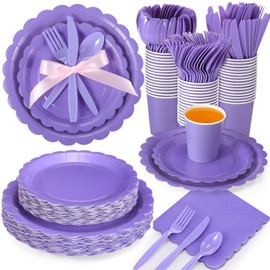 Ziliny 350 Pcs Plates and Napkins, 50 Guest Spring Party Supplies Include Scalloped Paper Plates Napkins Cups Plastic Spoons Forks Knives Disposable Tableware Set for Baby Shower(Purple)