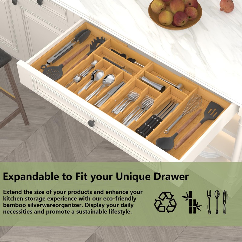Suli Large Silverware Drawer Organizer, Adjustable Kitchen Flatware for Forks