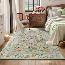 Maxsoft 3x5 Entryway Rugs, Indoor Rug Washable Area Rug, Floral Rug for Girls, Non Slip Low Pile Small Carpet for Bedroom,Living Room Kitchen, Entryway, Kids Room,(Green)