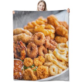 CUEBOS Chicken Nugget Flannel Throw Blanket 50x60 Inch, Crispy Calamari Ring and Fried Chick Blankets Soft Cozy Fleece Throws for Kids Adults Bed Sofa Dorm Living Room Food Decor Gifts