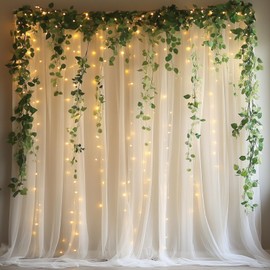 Patioman 10x10ft Ivory Tulle Backdrop Curtain with String Lights, Wrinkle-Free Sheer Wedding Backdrop for Birthday Parties, Baby Showers, Bridal Showers, Photo Shoots and Home Decorations, Ivory