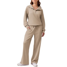 PINSPARK Womens Sweatsuits 2 Piece Set Quarter Zip Sweatshirt Wide Leg Sweatpants Matching Lounge Set Travel Tracksuit, Light Khaki XL