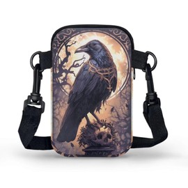 Kuiaobaty Women Crow Skull Forest Print Crossbody Phone Bag Gothic Bird Skeleton Shoulder Bag for Phone Wallet Purses with Adjustable Shoulder Strap
