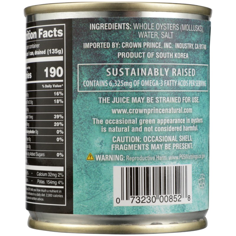 Crown Prince, Natural Whole Oysters Packed in Water, 8 oz