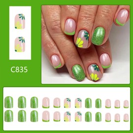 Tyuimhx Flowers Press on Nails Short Square Fake Nails Green French Tip False Nails Light Green Glitter Full Cover Stick on Nails Acrylic Spring Floral Artificial Nails for Women Glue on Nails 24 Pcs