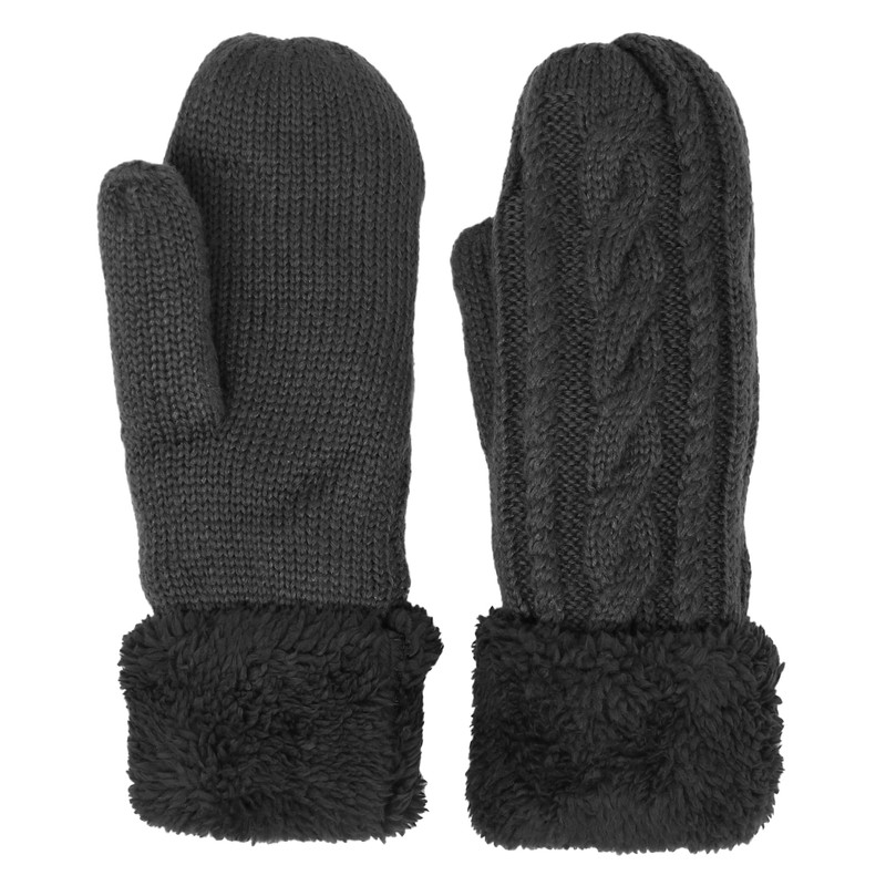 KMystic Plush Lined Cuffed Winter Knit Mittens (Black), One Size