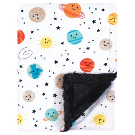 Hudson Baby Unisex Baby Plush Blanket with Furry Binding and Back, Happy Planets, One Size