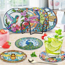 Lxmsja Diamond Painting Coasters with Holder, Animals Diamond Art Coasters Set of 8 for Adults Kids Beginners, DIY Funny Drinks Coasters with Cork, Craft Sets Gifts for Women Girls Kids