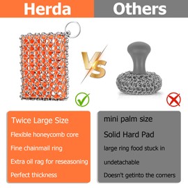 Cast Iron Scrubber with Bamboo Fiber Cloth and Pan Scraper, 316L Cast Iron Cleaner Set – Removes Stains, Protects Coatings, Safe for Dutch Oven, Skillets, Griddles(Orange)