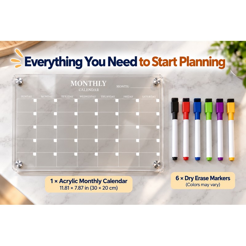 Magnetic Acrylic Fridge Calendar – Clear Dry Erase Monthly Planner