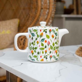 The British Gardening Company Ceramic Rosebud Teapot with Removable Stainless Steel Infuser Set 1L Large for 4-6 Cups Heat Resistant & Dishwasher Safe, Strainer for Loose Tea