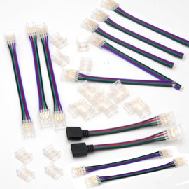 COB LED Connectors Kit, 25Pcs 5/8/10/12mm, 8Pcs Gapless, 10Pcs Connector+Cable, 5Pcs L-Shape, 2Pcs Female Plug (4P-10mm-RGB)