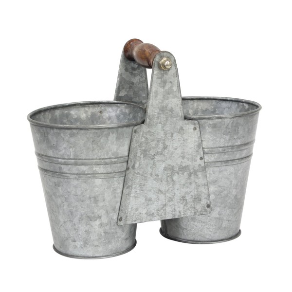 Stonebriar Small Antique Galvanized Metal Double Bucket with Wooden Handle, Gray