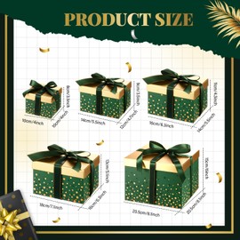 Teenyyou Set of 5 Nesting Gift Boxes with Lid and Ribbon, Fathers Day Green and Gold Square Stacking Gift Boxes Assorted Sizes Decorative Present Wrapping for Graduation Birthday Wedding Bridal Shower