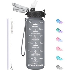 GOPPUS 17 oz Kids Water Bottle with Straw Lid 10pcs Stickers Leak-proof BPA Free Motivational Time Marker Tritan Plastic Water Bottles for Girls Boys School Sports (1Lid Grey)