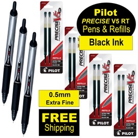 Pilot Precise V5 RT, 3 Pens With 4 Packs of Refills, Black Ink, 0.5mm X-Fine