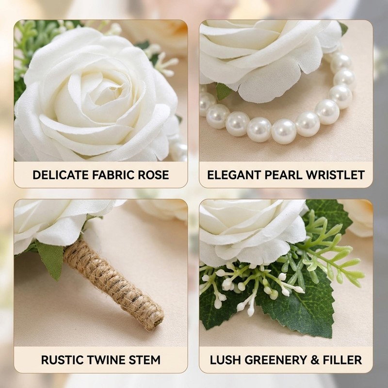 4-Piece Wedding Boutonniere Set,Corsage and Boutonniere Set,Fabric Corsage Wristlet for