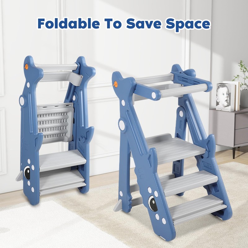 Dollate Foldable Adjustable Toddler Step Stool with Safety Rail, Anti-Slip