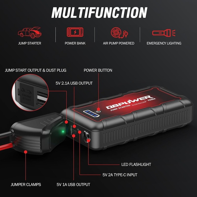 DBPOWER Jump Starter 2500A Peak 74Wh Portable Car Jump Starter